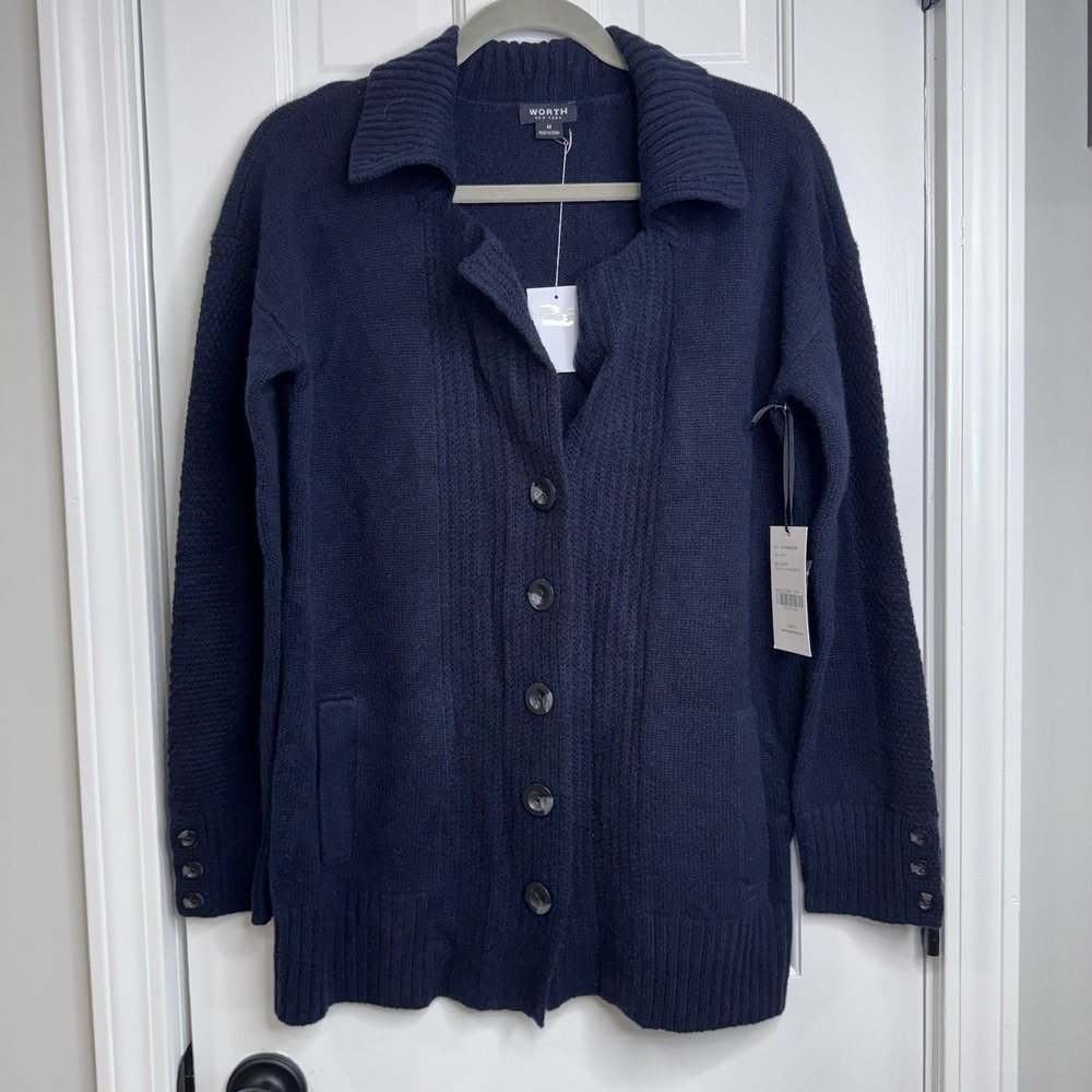 Worth New York Wool Cashmere Cardigan Sweater Navy Blue Medium Button Front NWT - Picture 1 of 8